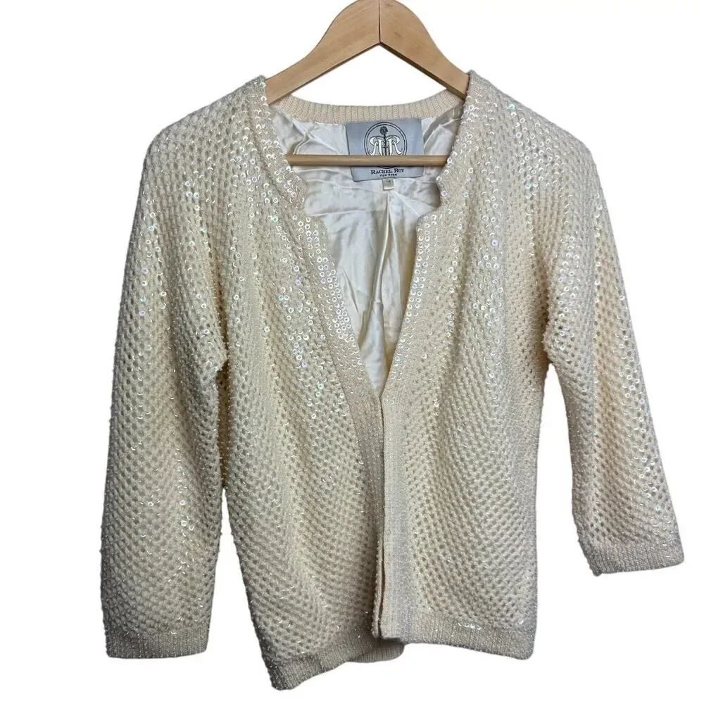 VTG Rachel Roy Stunning Cream Beaded Cardigan Sz. M